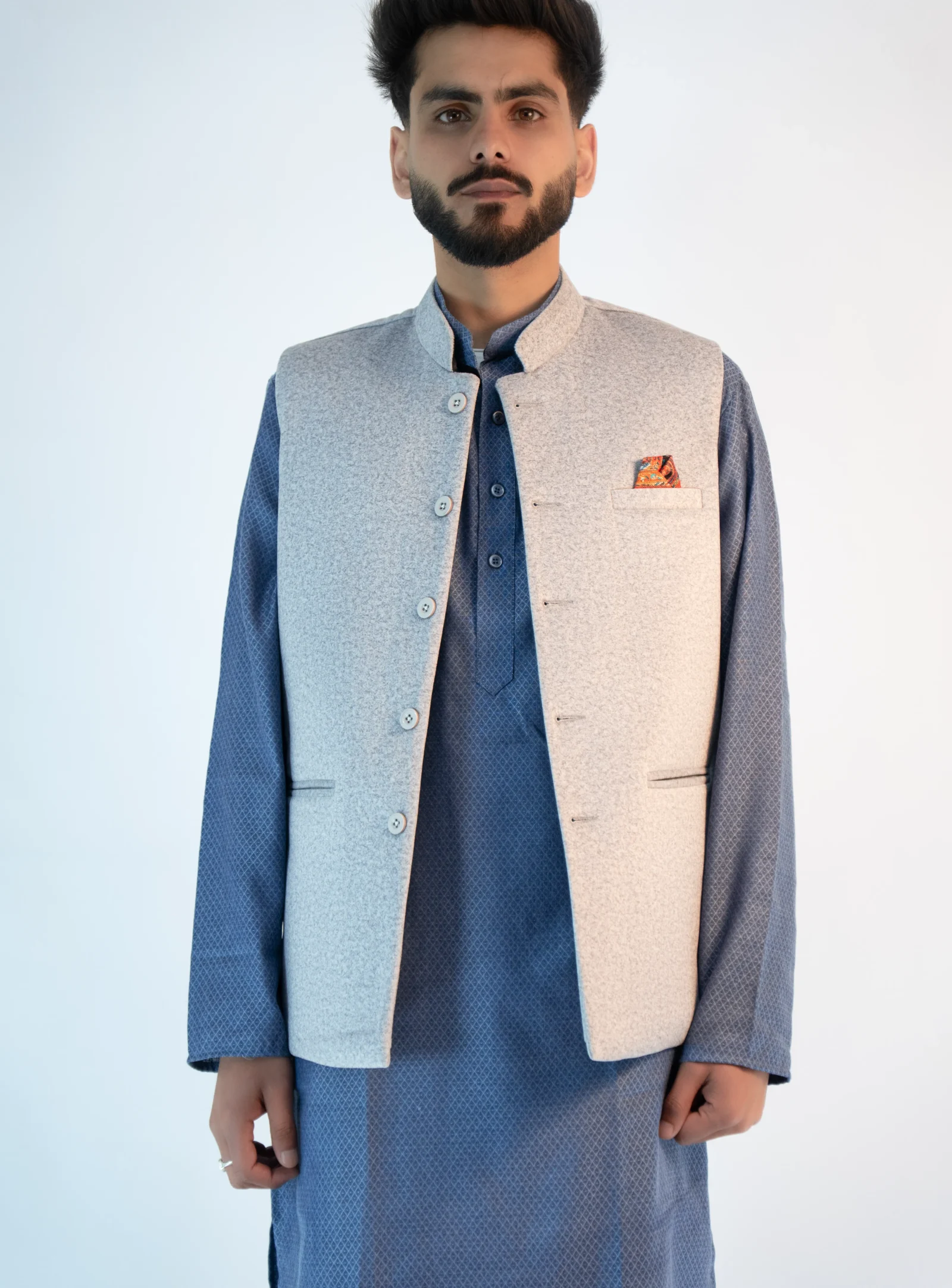 Men’s Contemporary Sadri – Powder White Martin Fabric