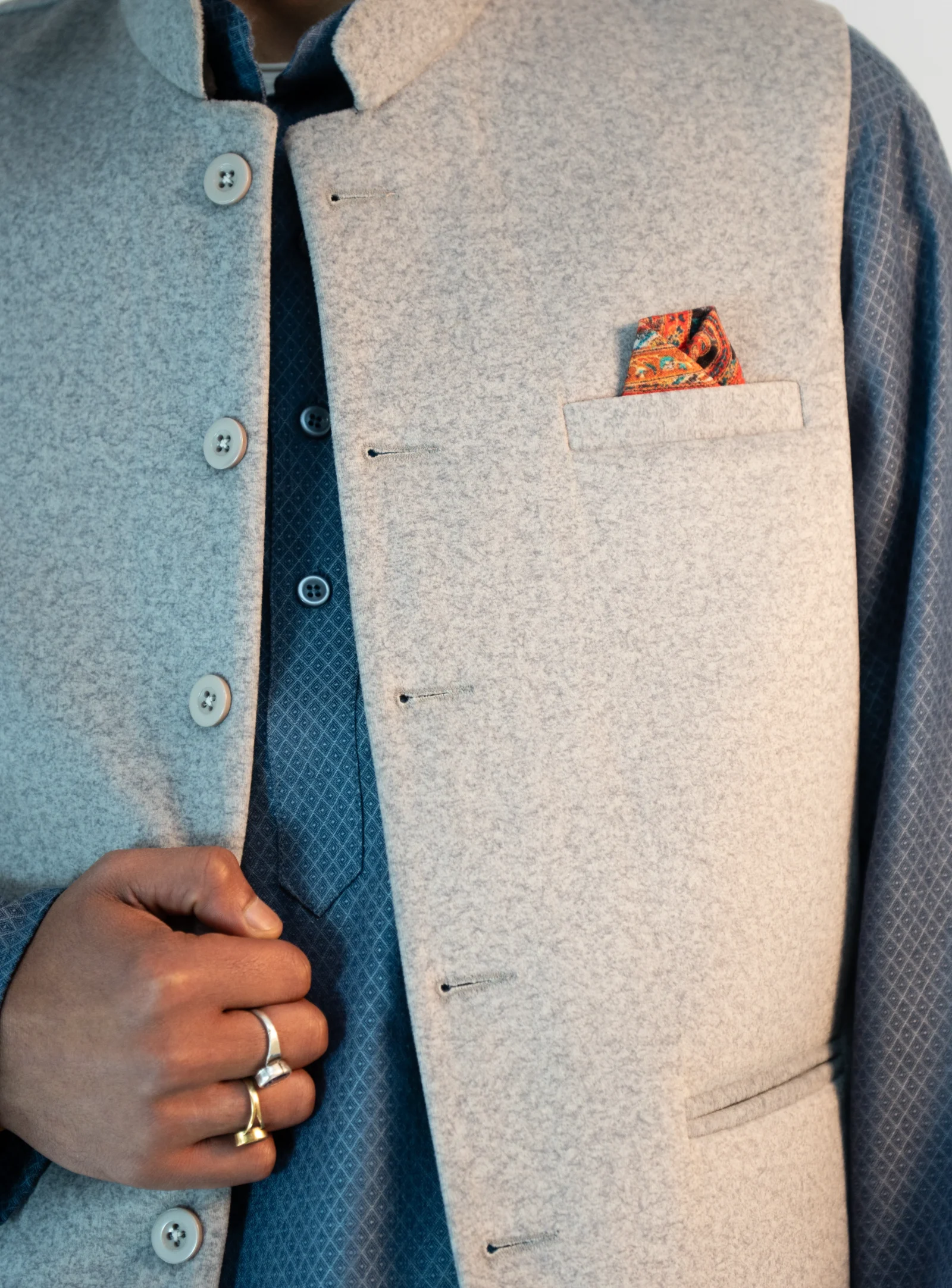 Men’s Contemporary Sadri – Powder White Martin Fabric