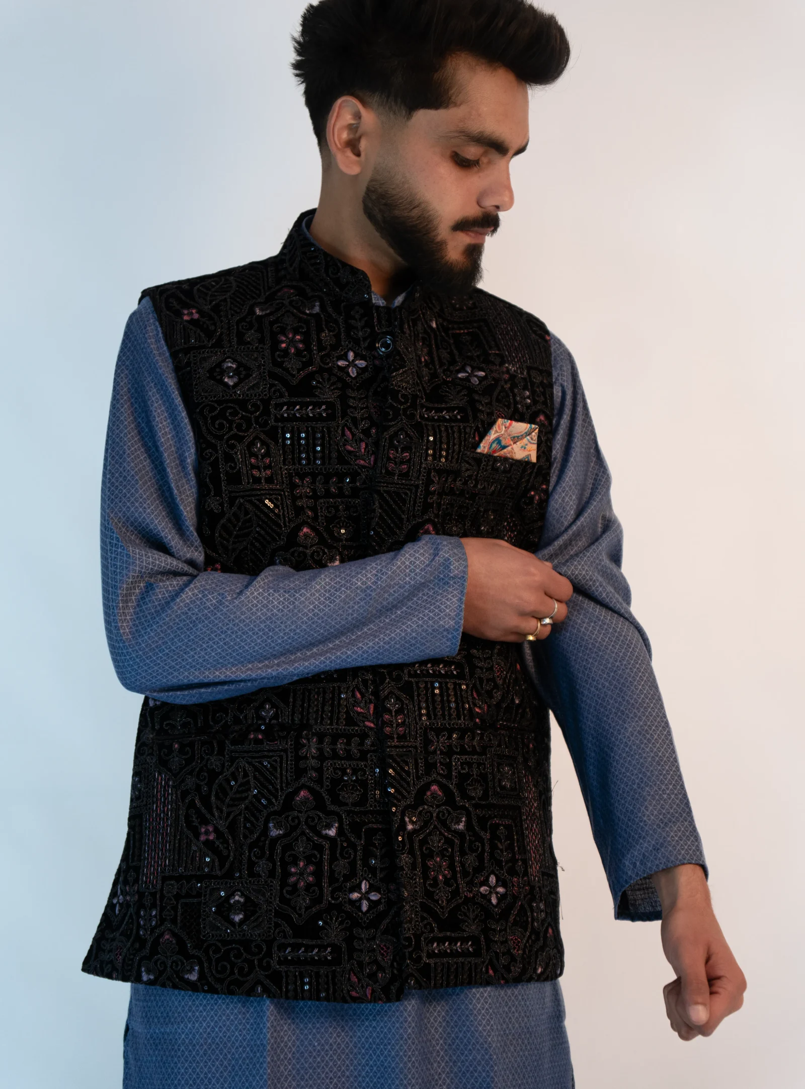 Men's Festive Brocade Sadri – Jet Black