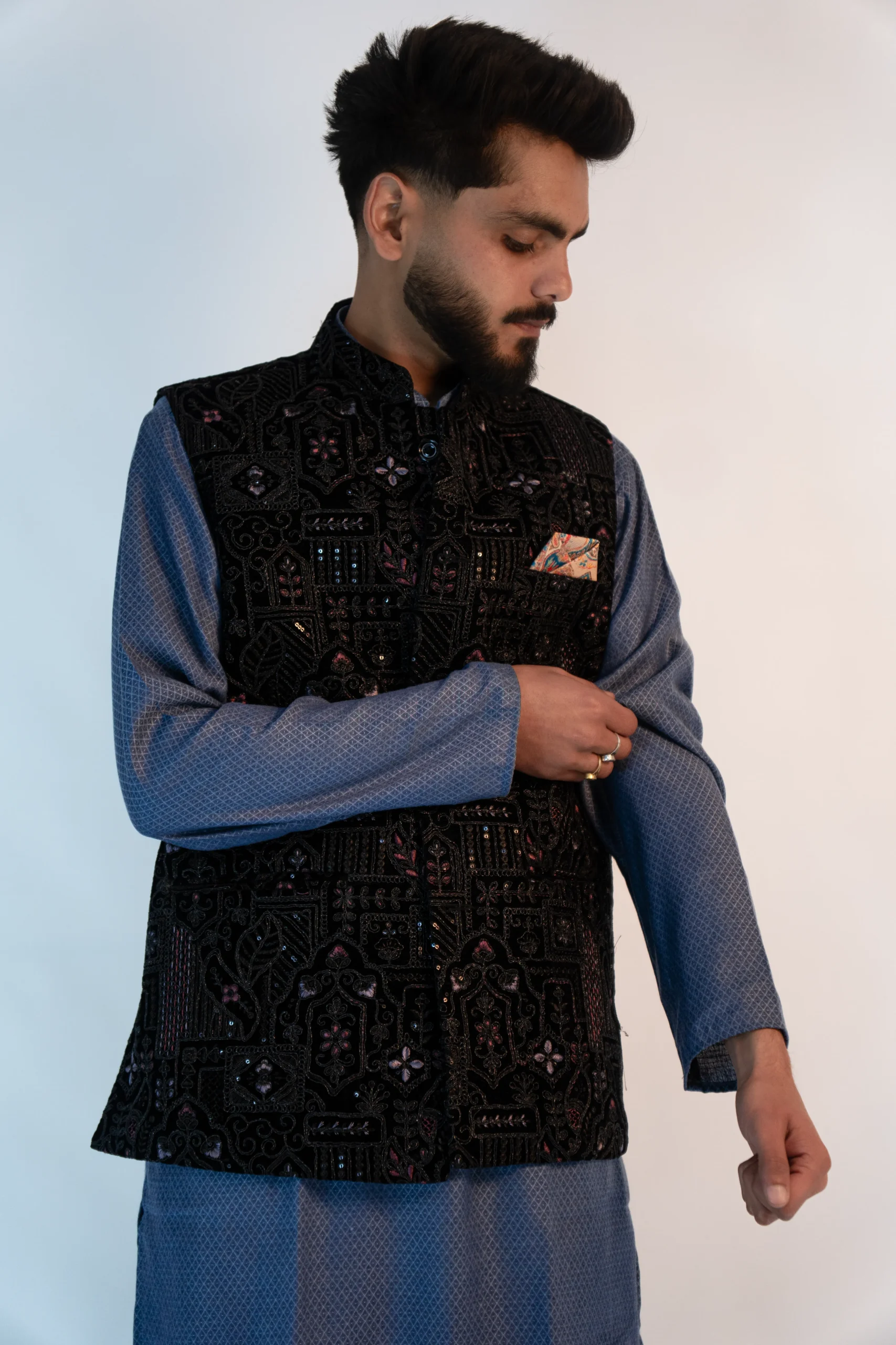 Men's Festive Brocade Sadri – Jet Black-1