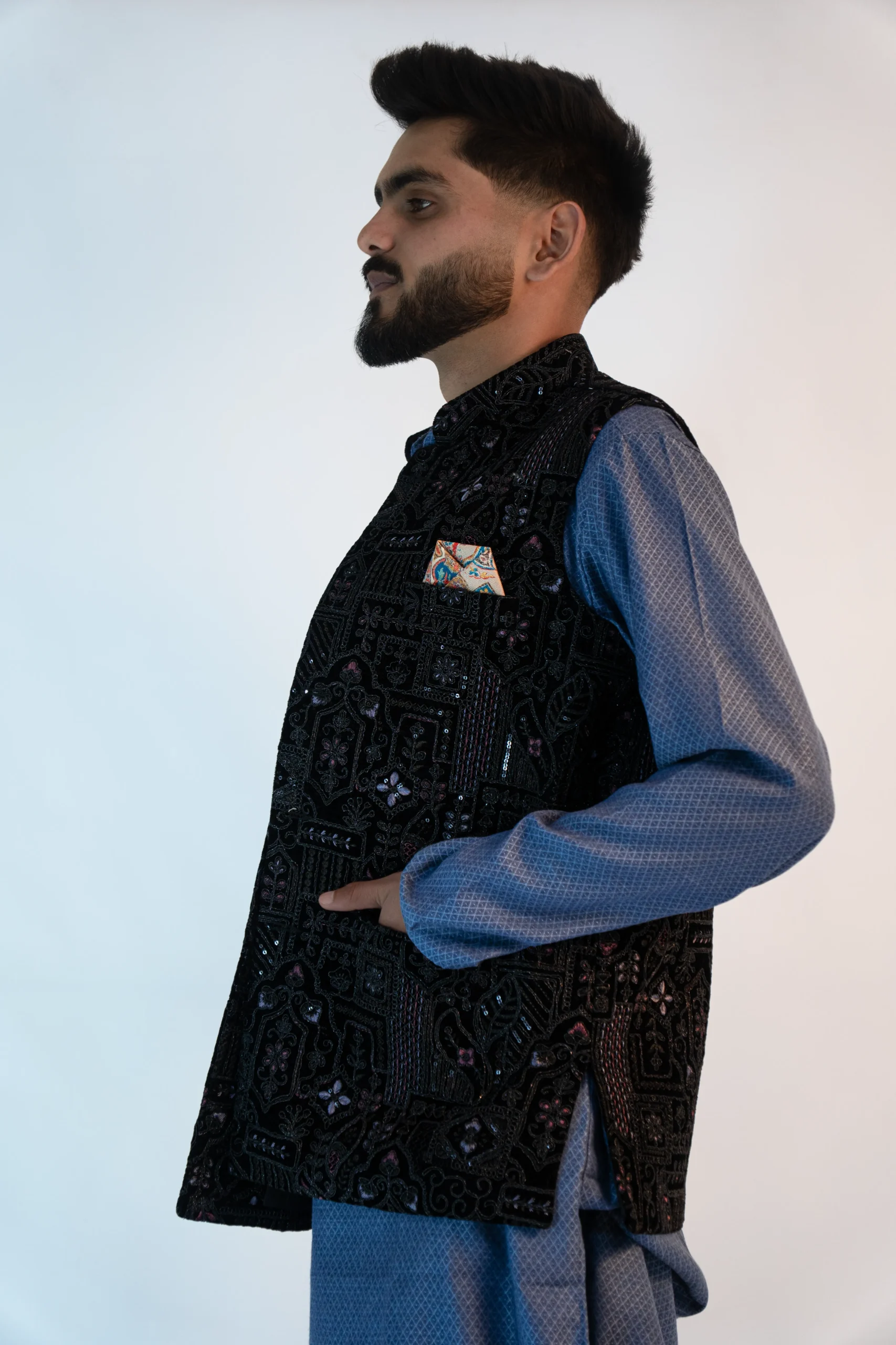 Men's Festive Brocade Sadri – Jet Black-2