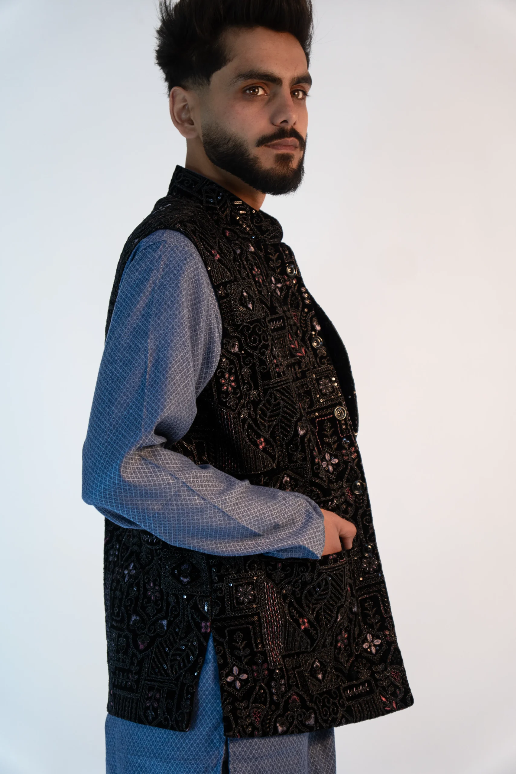 Men's Festive Brocade Sadri – Jet Black-4