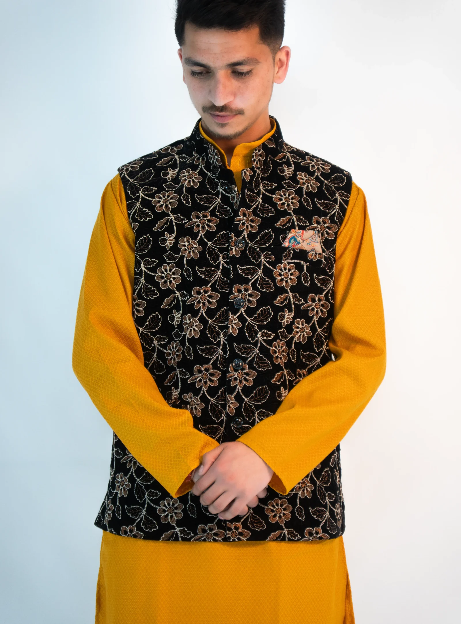 Men’s Festive Brocade Sadri – Noir Black & Saffron Gold