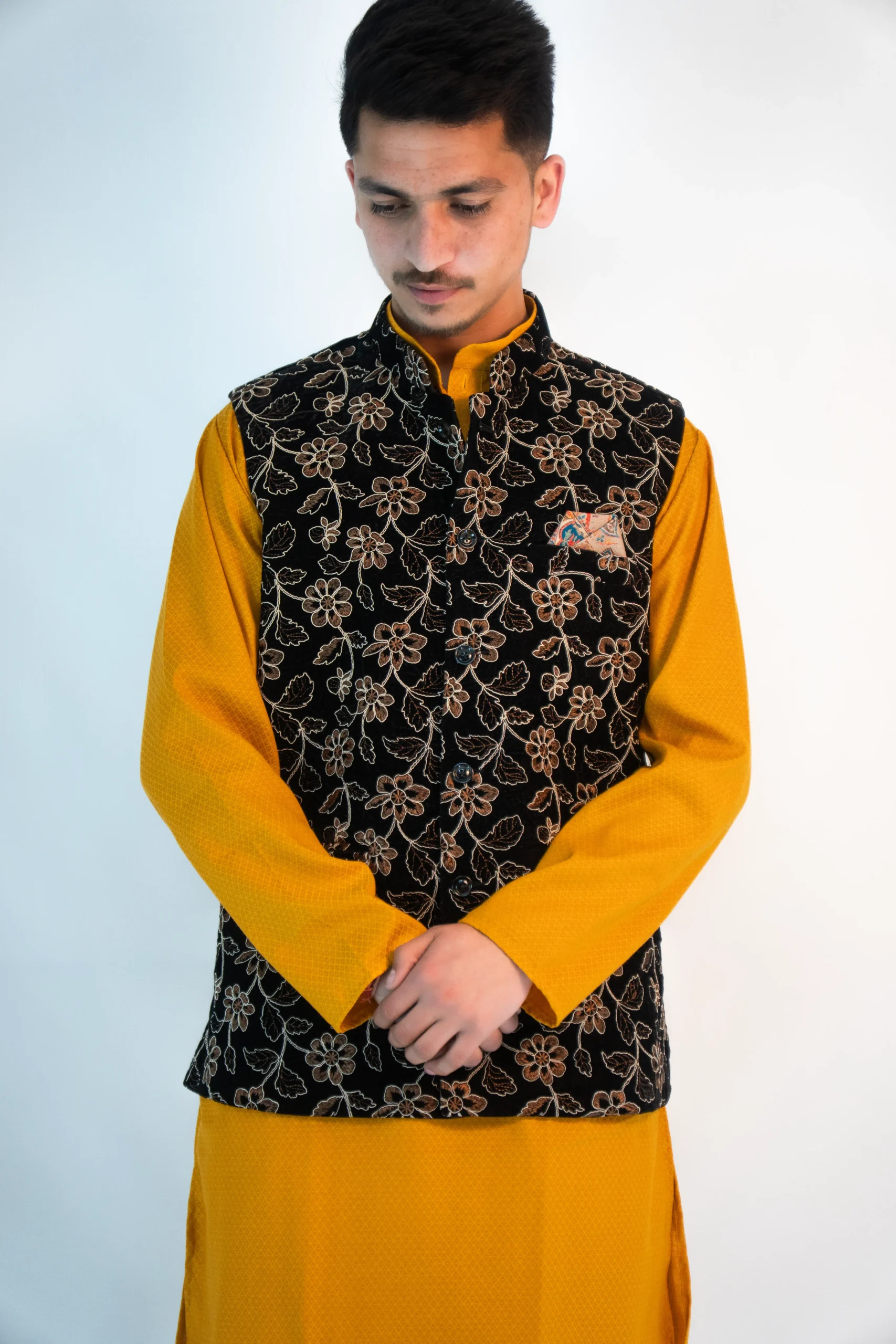 Men's Festive Brocade Sadri – Saffron Gold & Noir Black-1