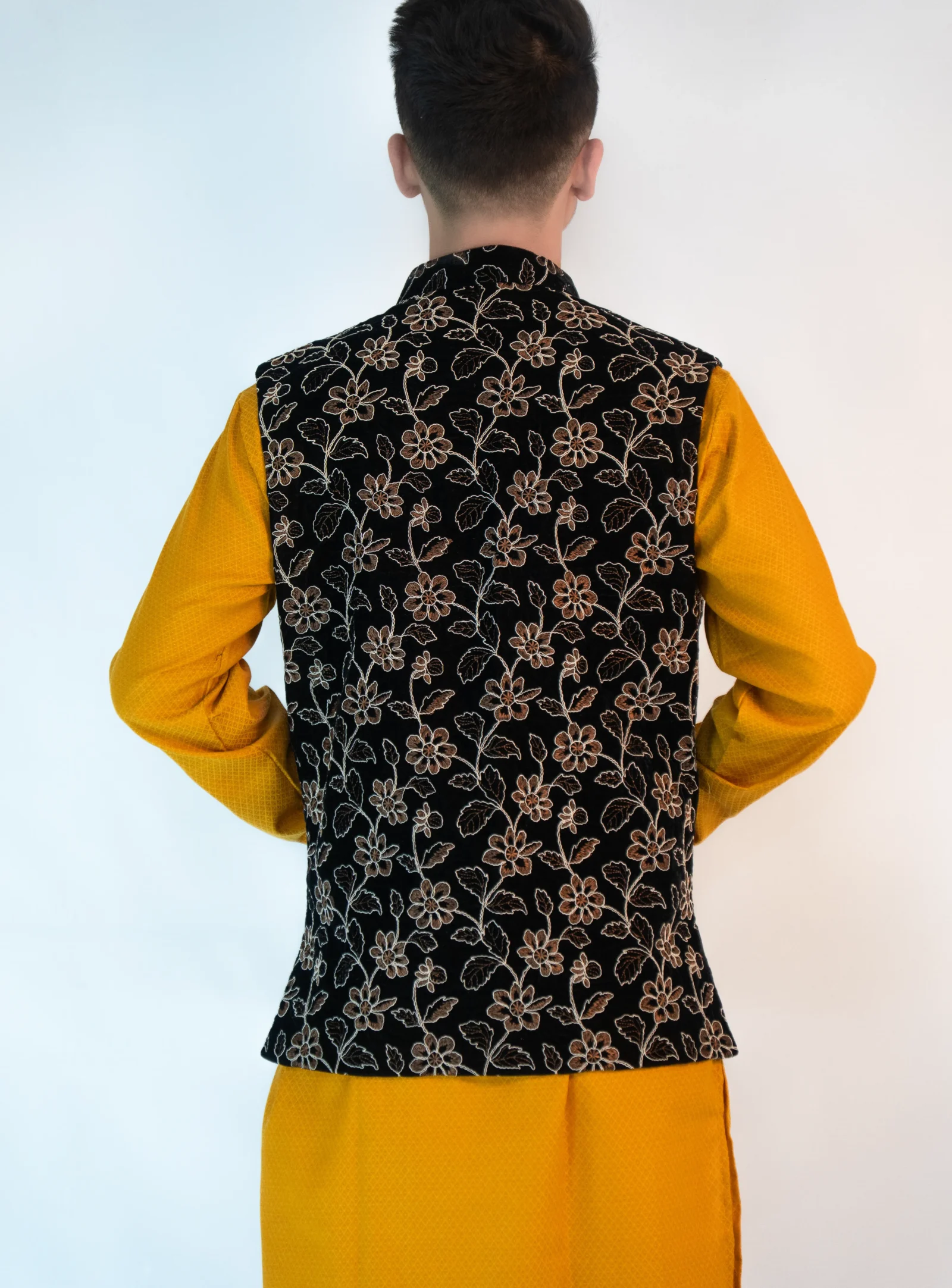 Men’s Festive Brocade Sadri – Noir Black & Saffron Gold