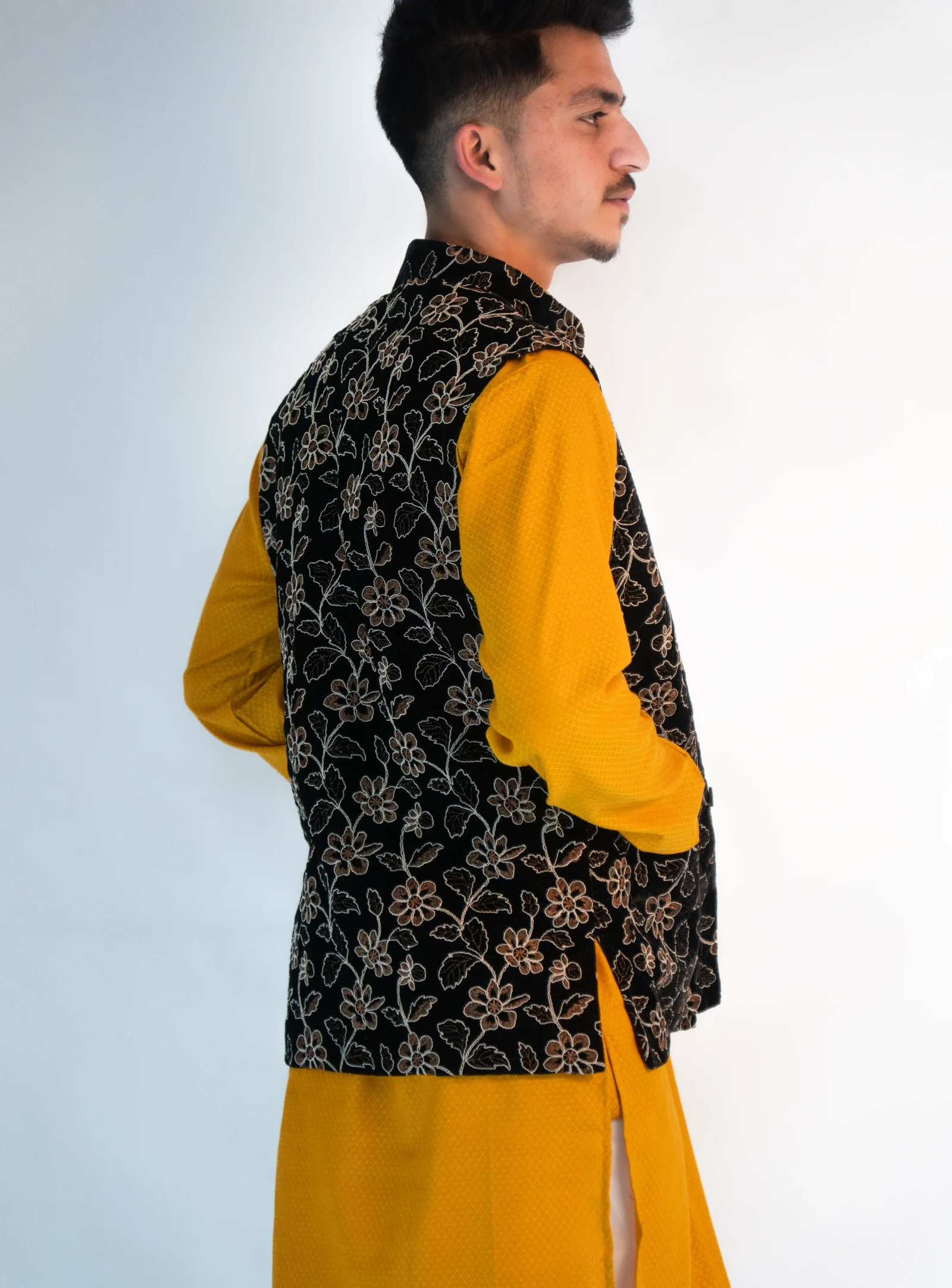 Men’s Festive Brocade Sadri – Noir Black & Saffron Gold