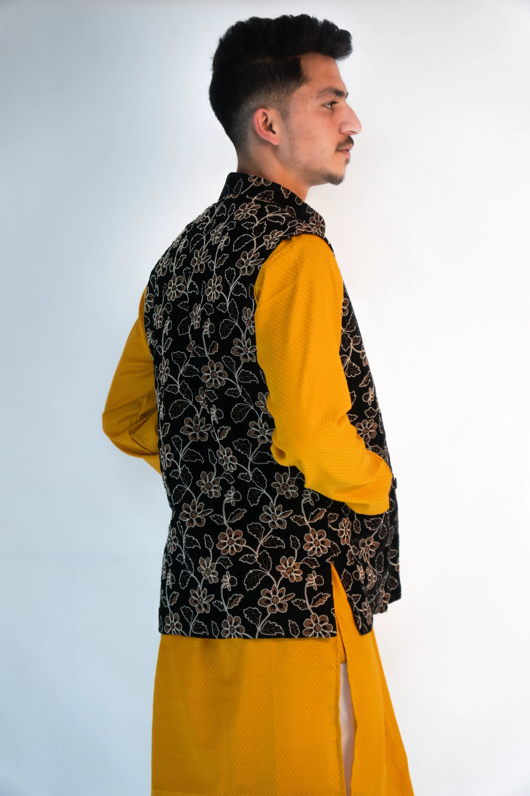 Men's Festive Brocade Sadri – Saffron Gold & Noir Black-3