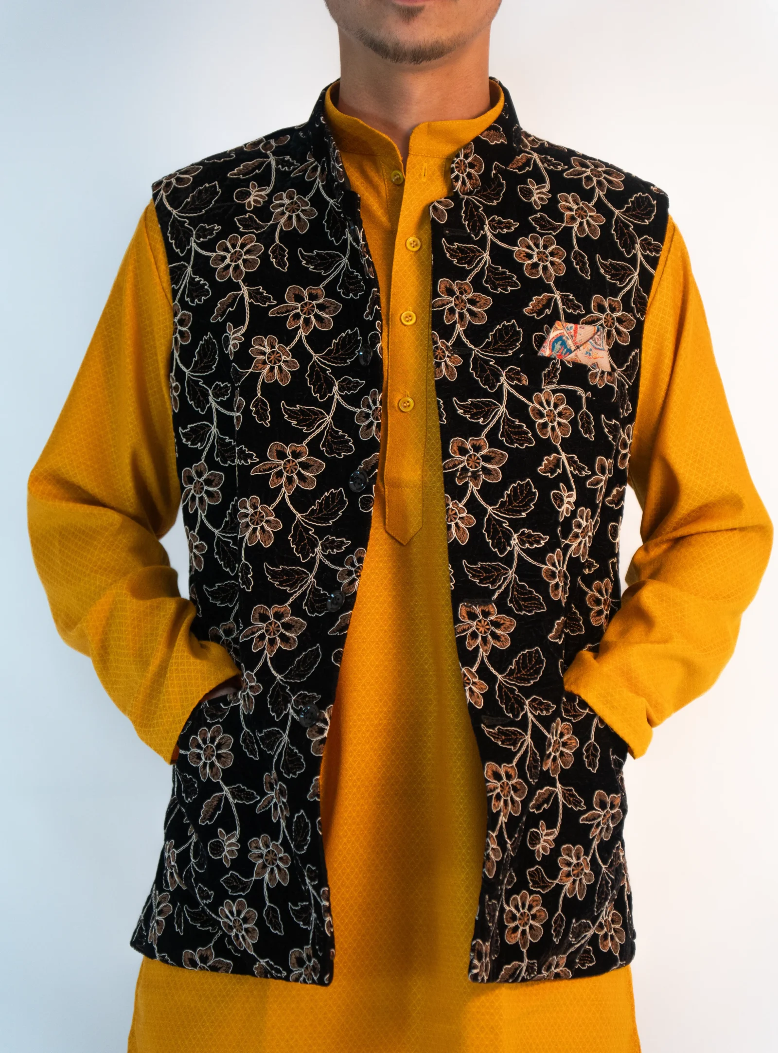 Men’s Festive Brocade Sadri – Noir Black & Saffron Gold