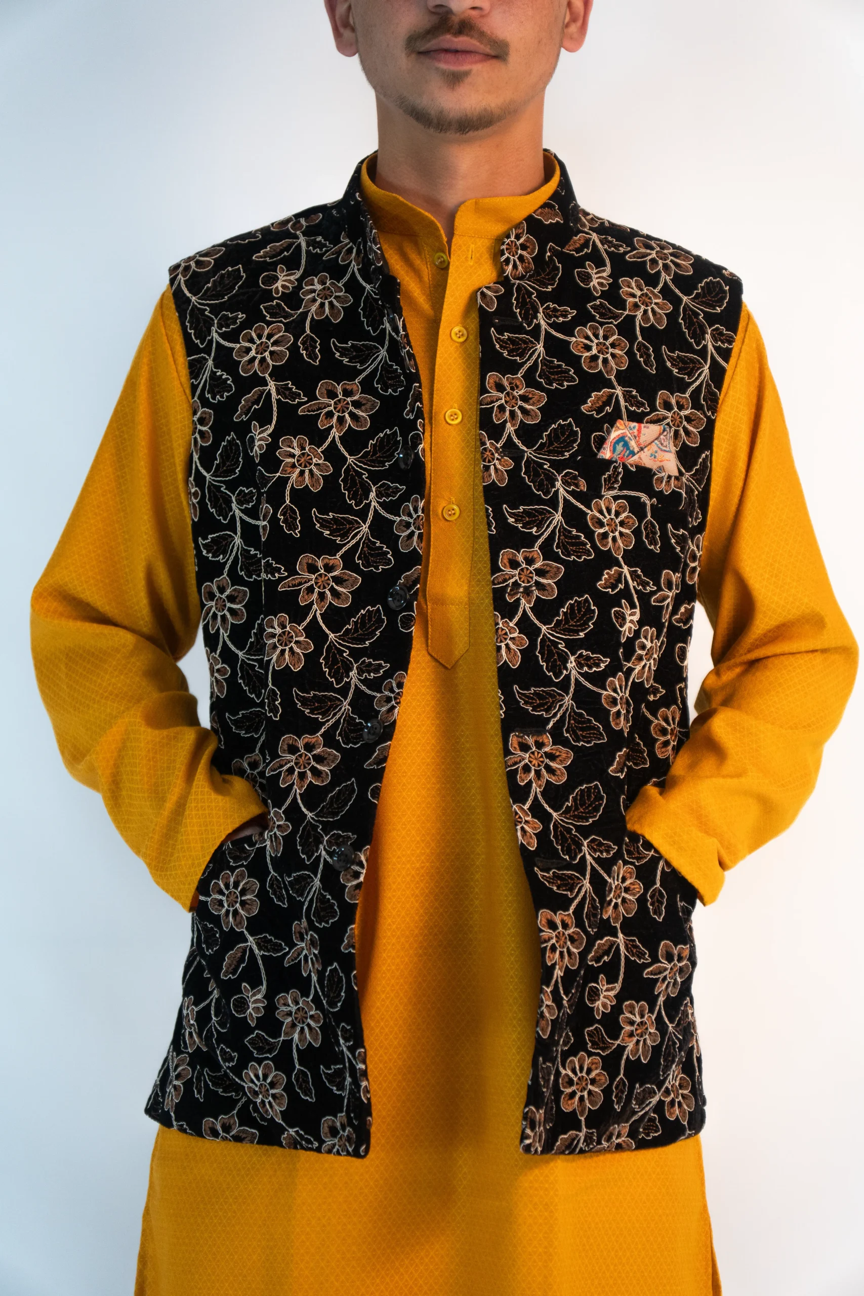 Men's Festive Brocade Sadri – Saffron Gold & Noir Black-4
