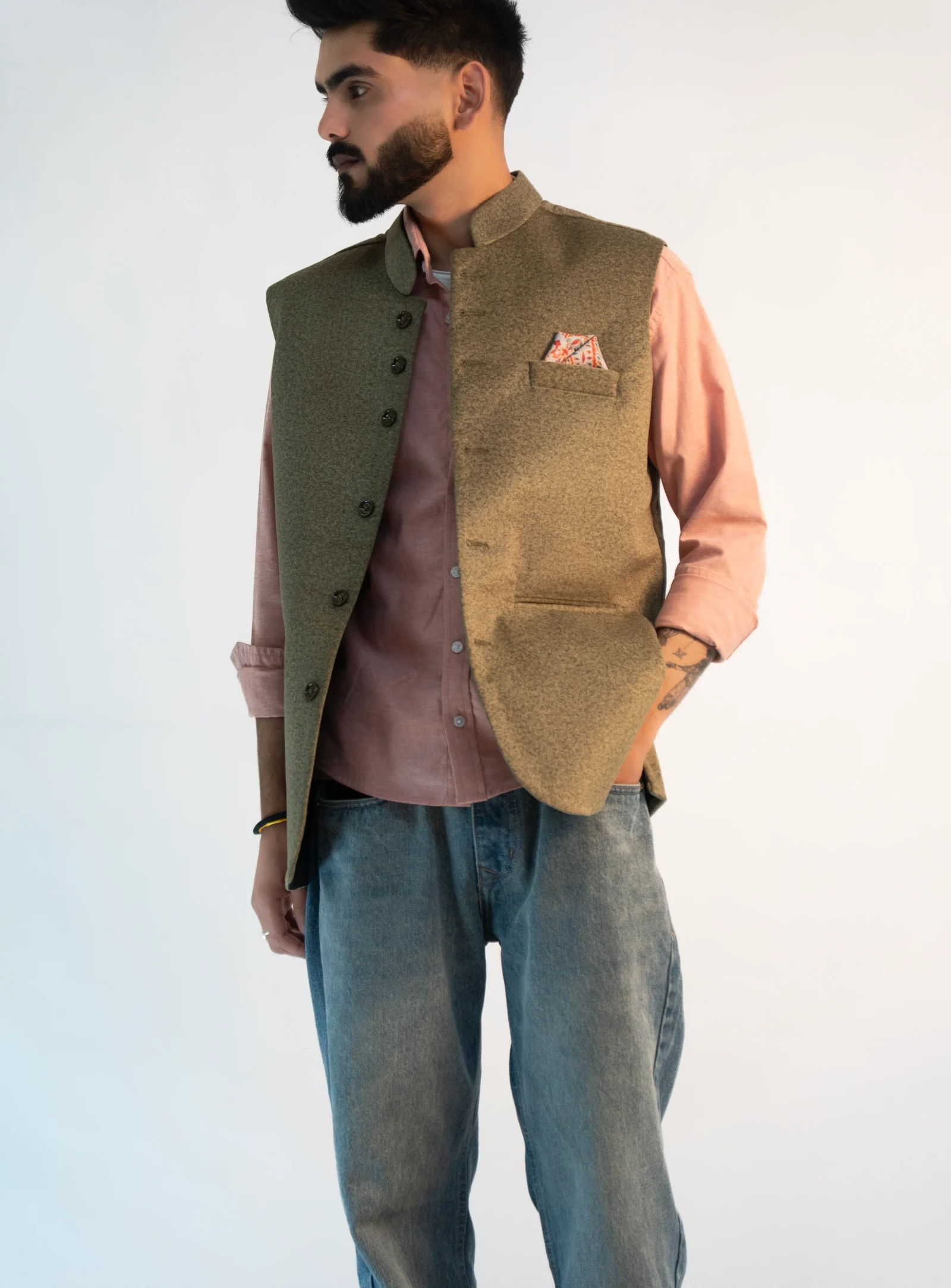 Men’s Himachali Sadri – Olive Moss Martin Fabric