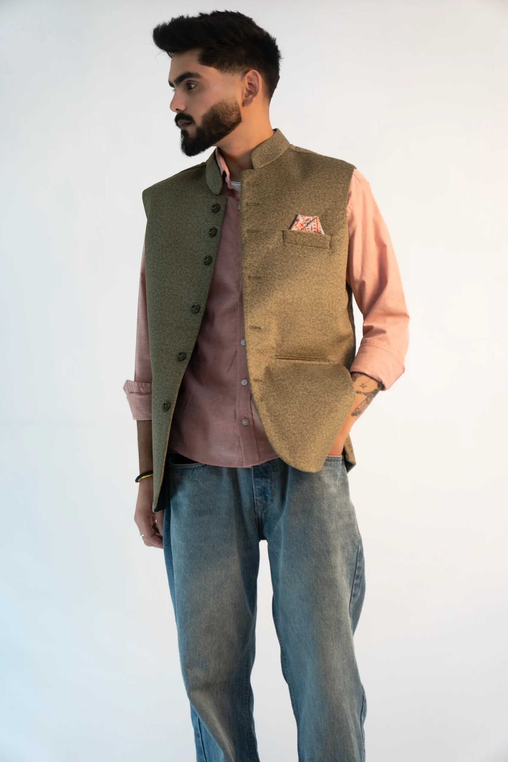 Men’s Himachali Sadri – Olive Moss Martin Fabric-1