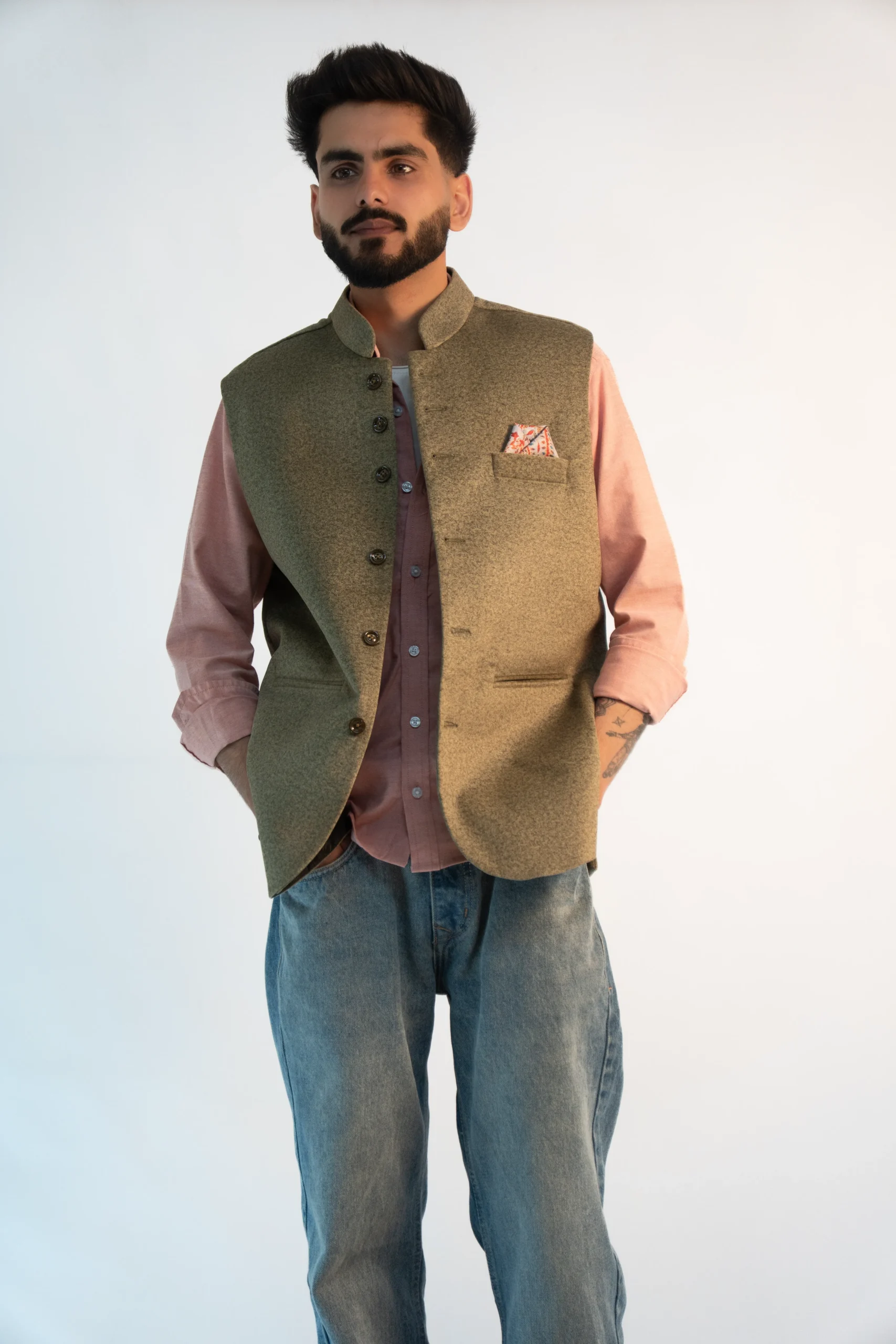 Men’s Himachali Sadri – Olive Moss Martin Fabric-2