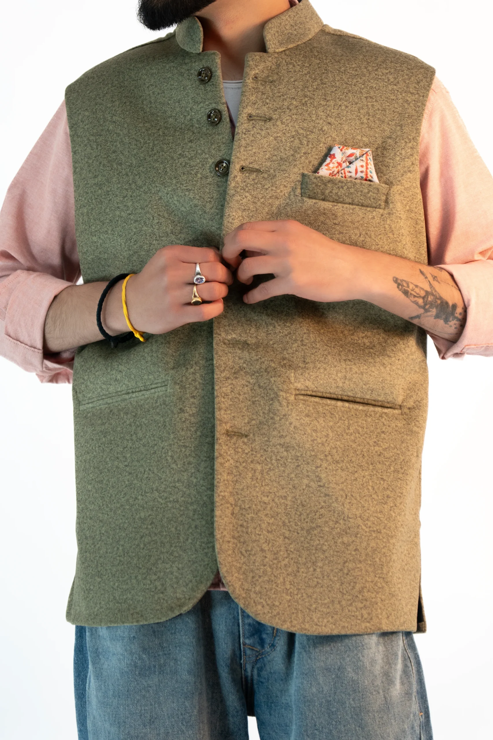 Men’s Himachali Sadri – Olive Moss Martin Fabric-3