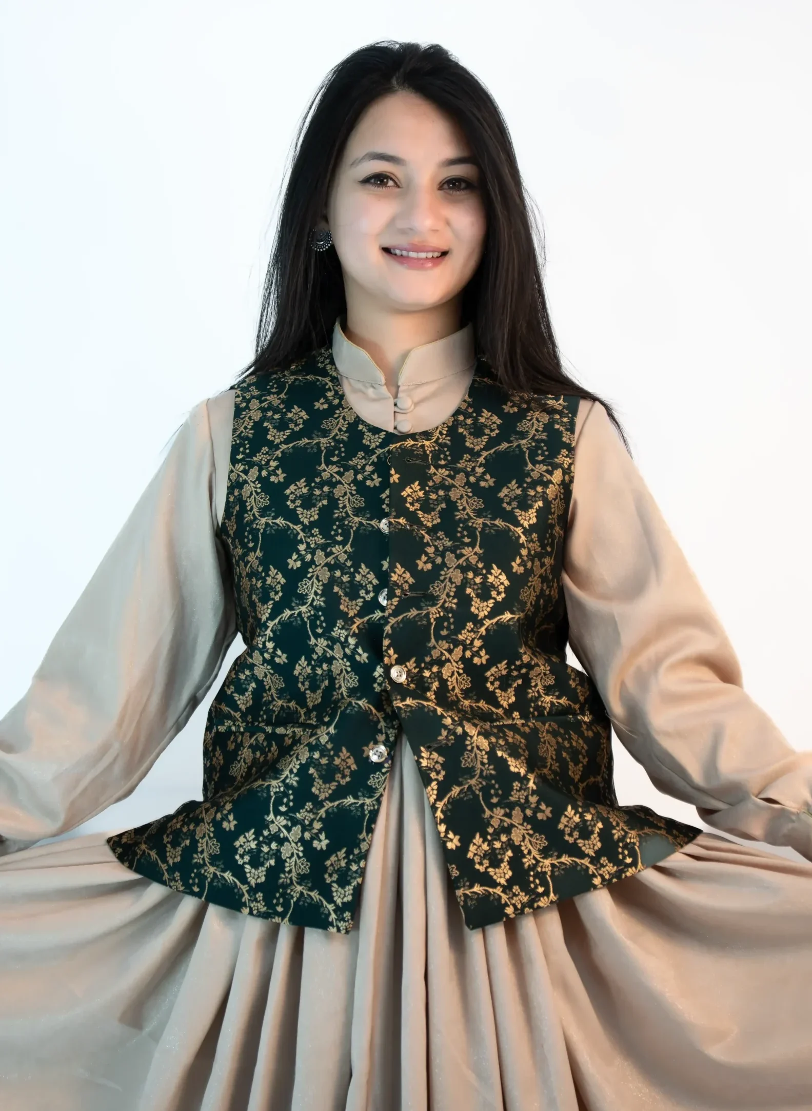 Women’s Brocade Sadri – Emerald Green Floral Festive