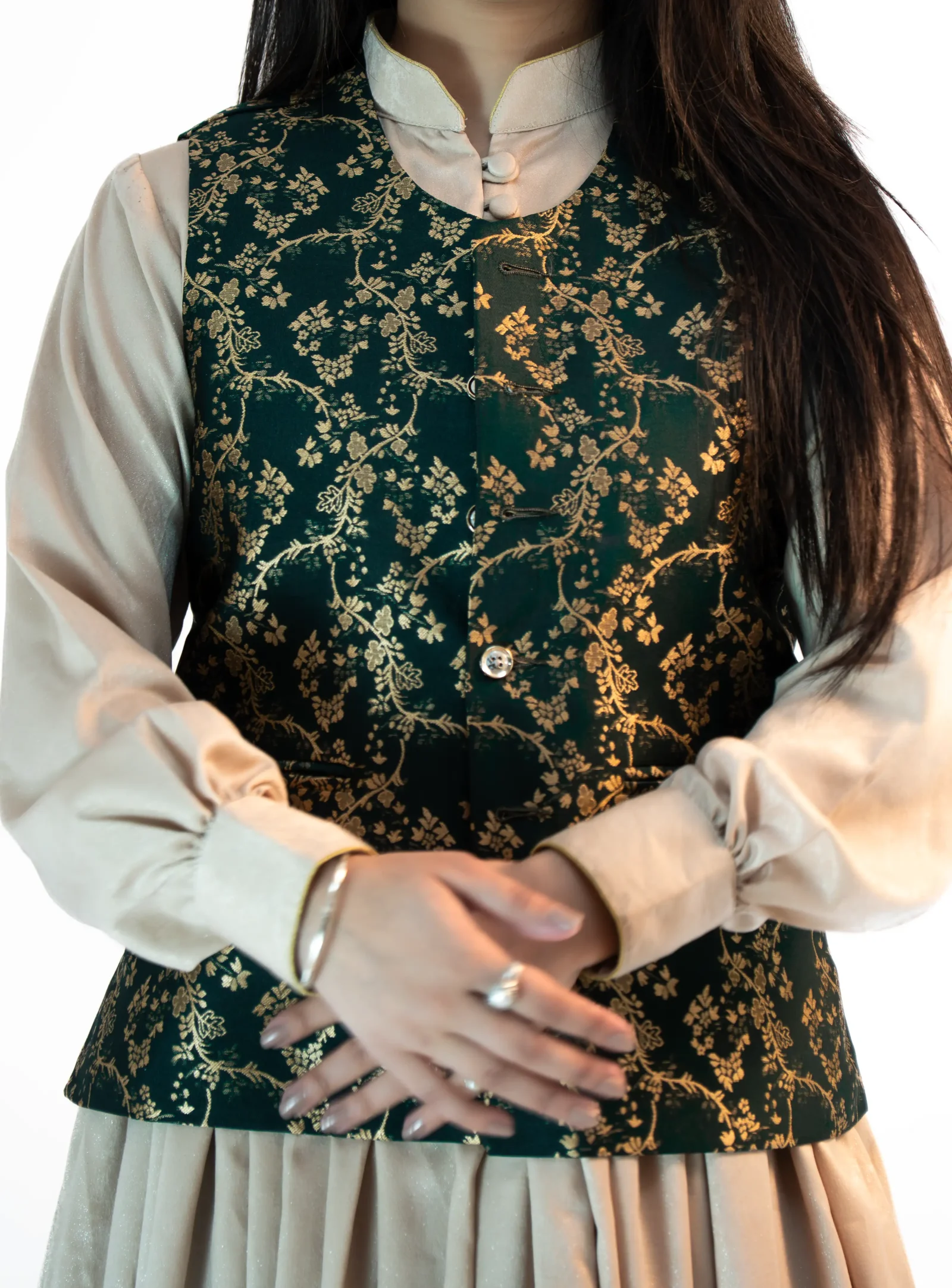 Women’s Brocade Sadri – Emerald Green Floral Festive