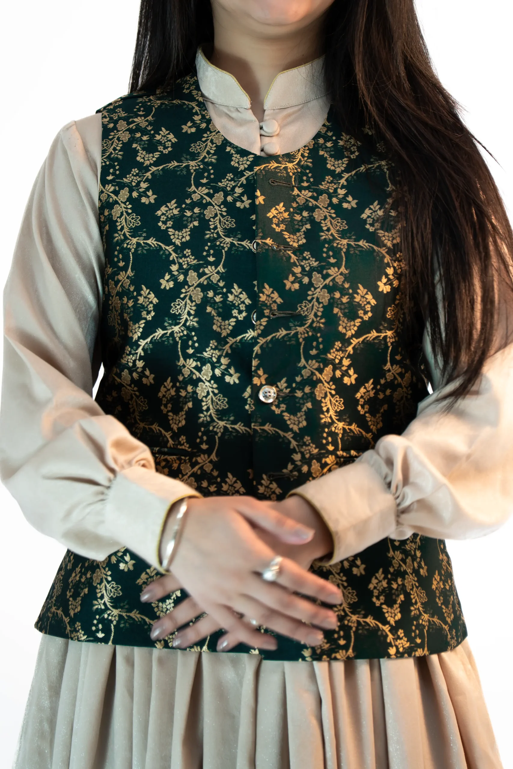 Women’s Brocade Sadri – Emerald Green Floral Festive-7