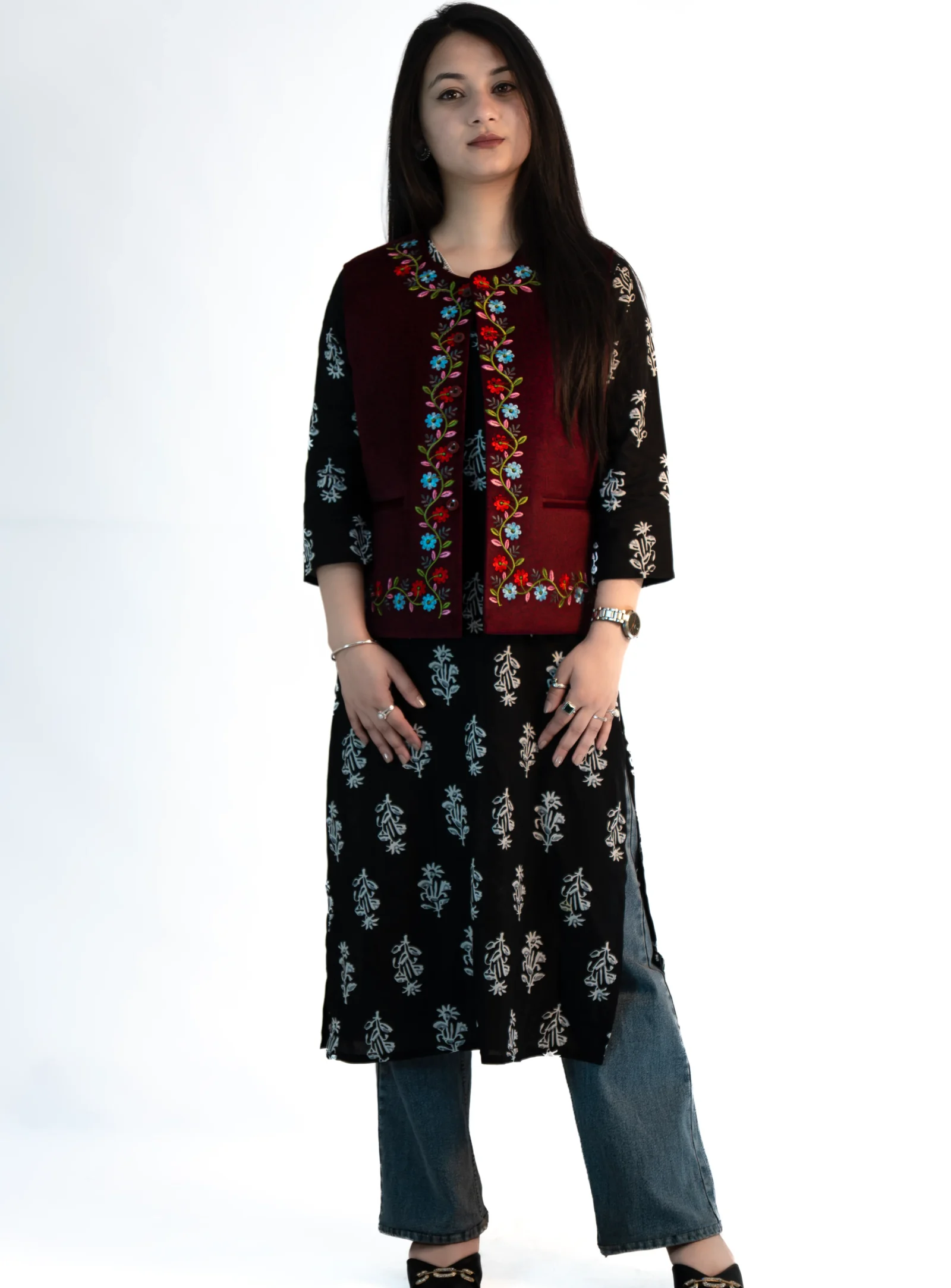 Women’s Embroided Himachali Sadri – Crimson Red