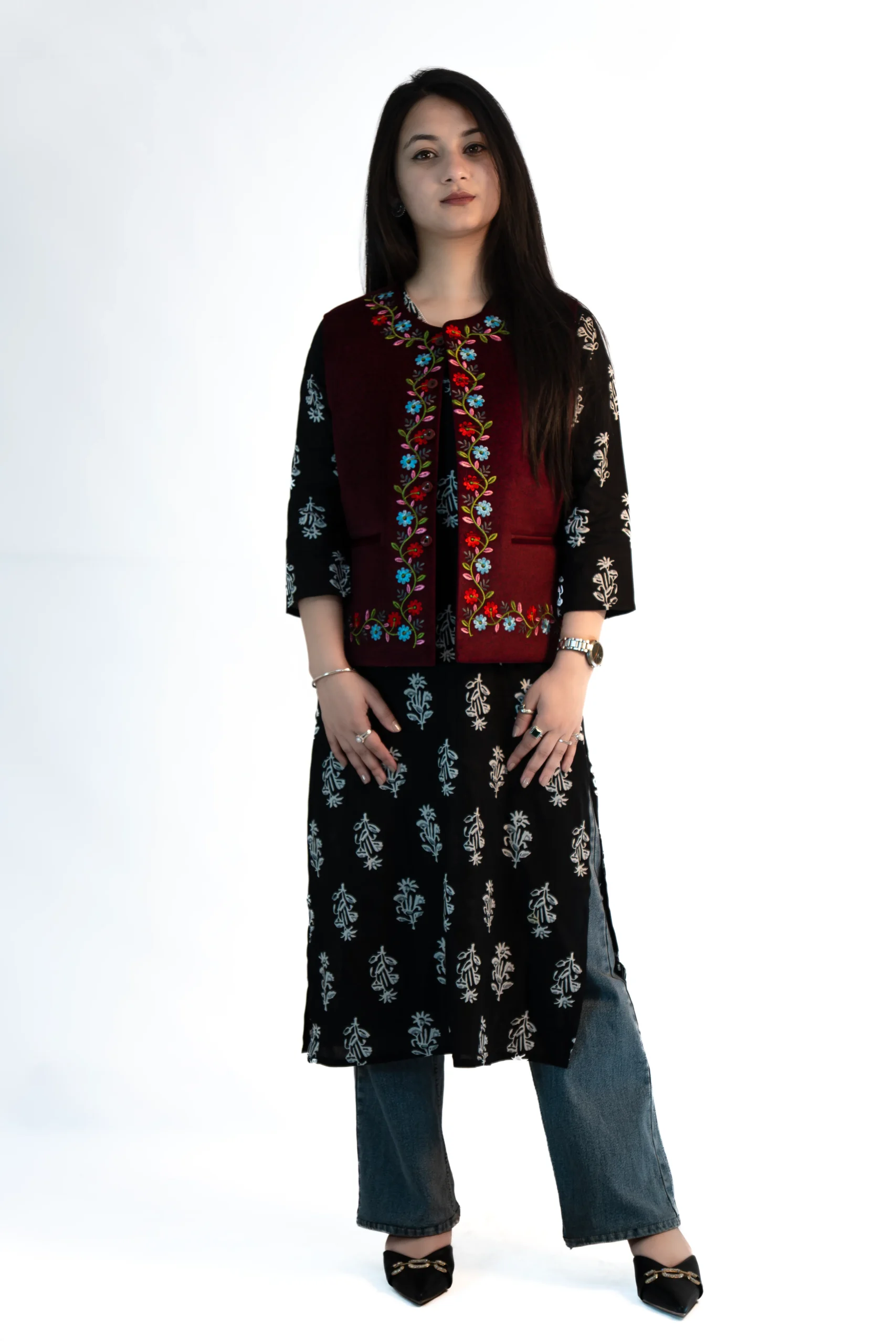 Women’s Embroided Himachali Sadri – Crimson Red-1