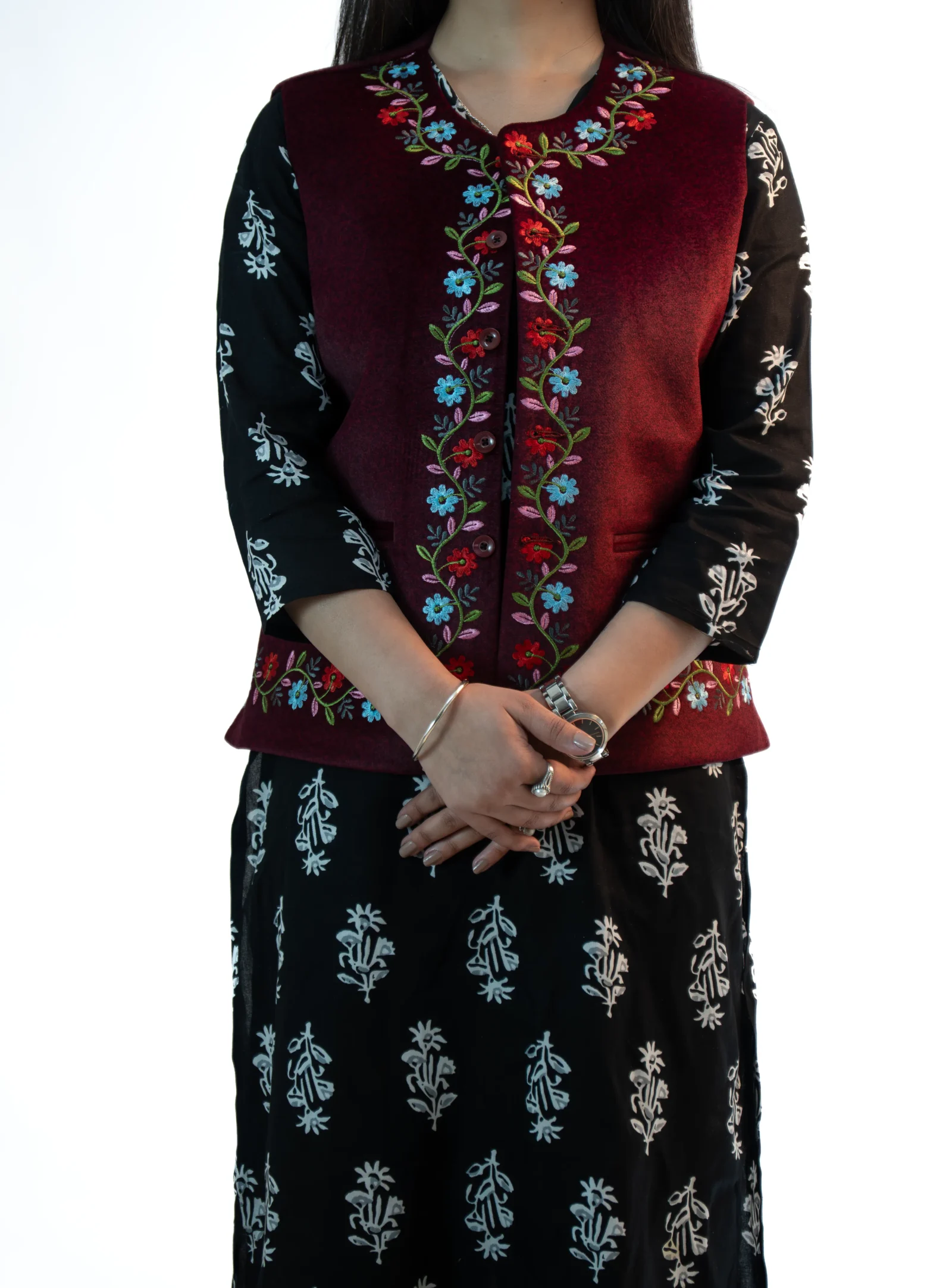 Women’s Embroided Himachali Sadri – Crimson Red