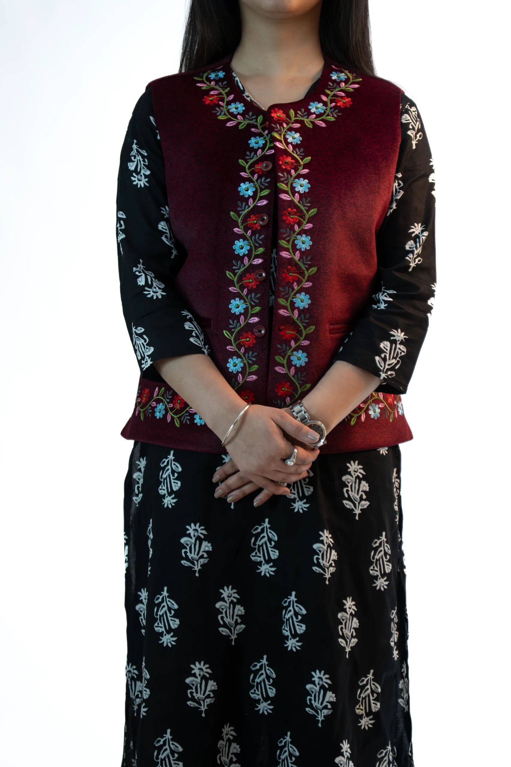 Women’s Embroided Himachali Sadri – Crimson Red-4