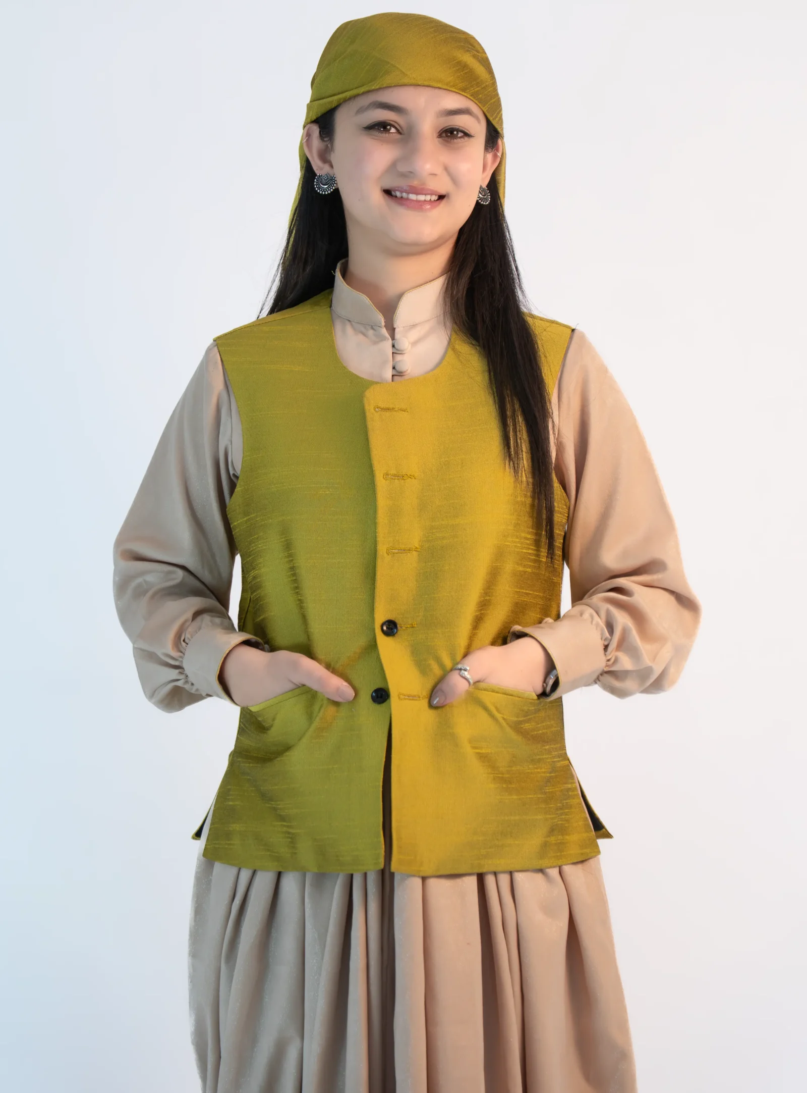 Women’s Raw Silk Sadri & Dhattu Set – Neon Green