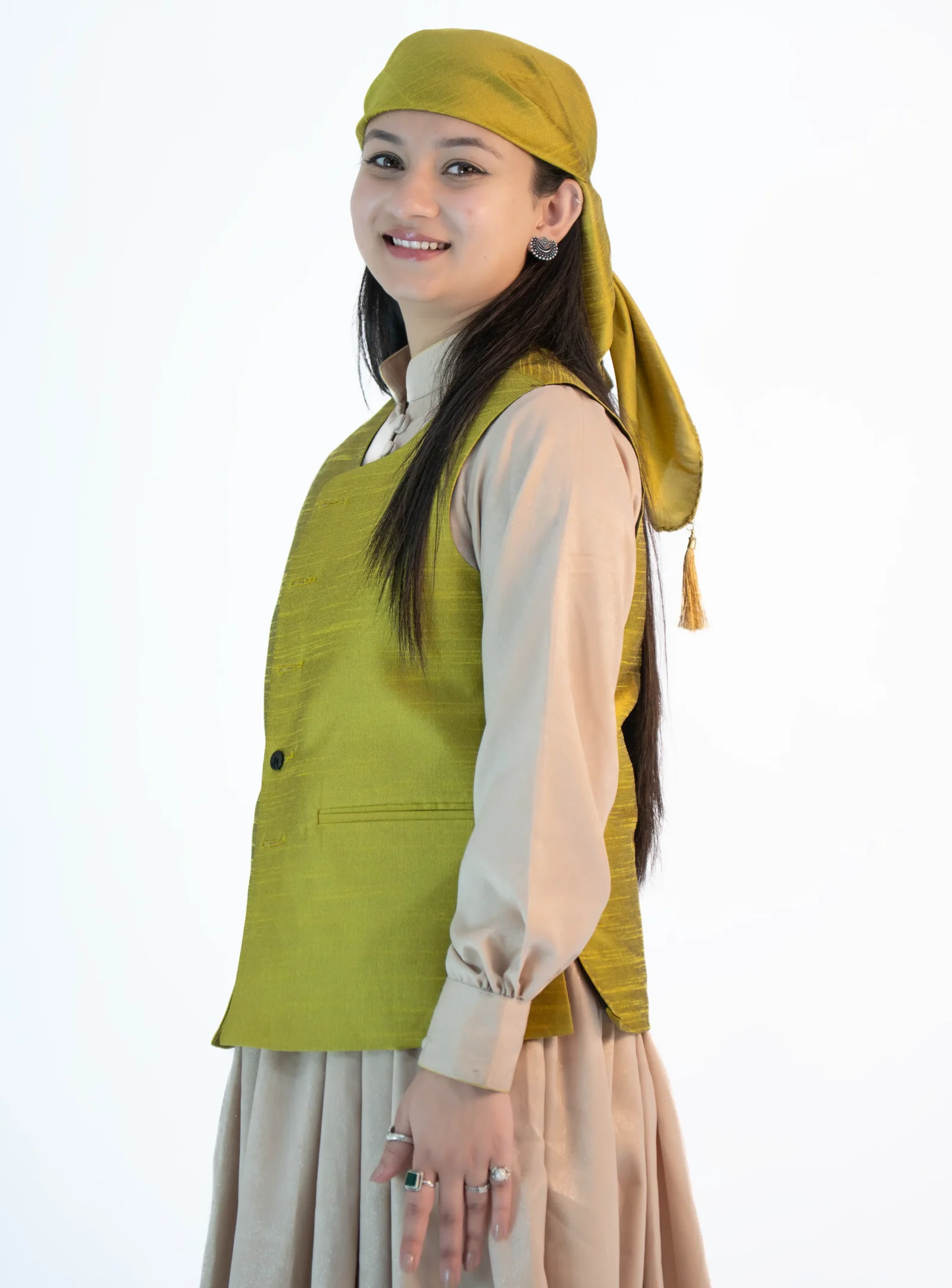 Women’s Raw Silk Sadri & Dhattu Set – Neon Green