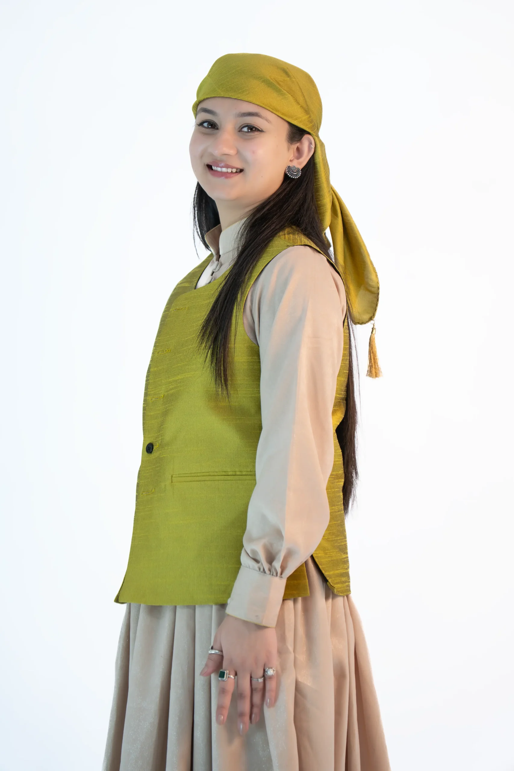 Women’s Raw Silk Sadri & Dhattu Set – Neon Green -08822