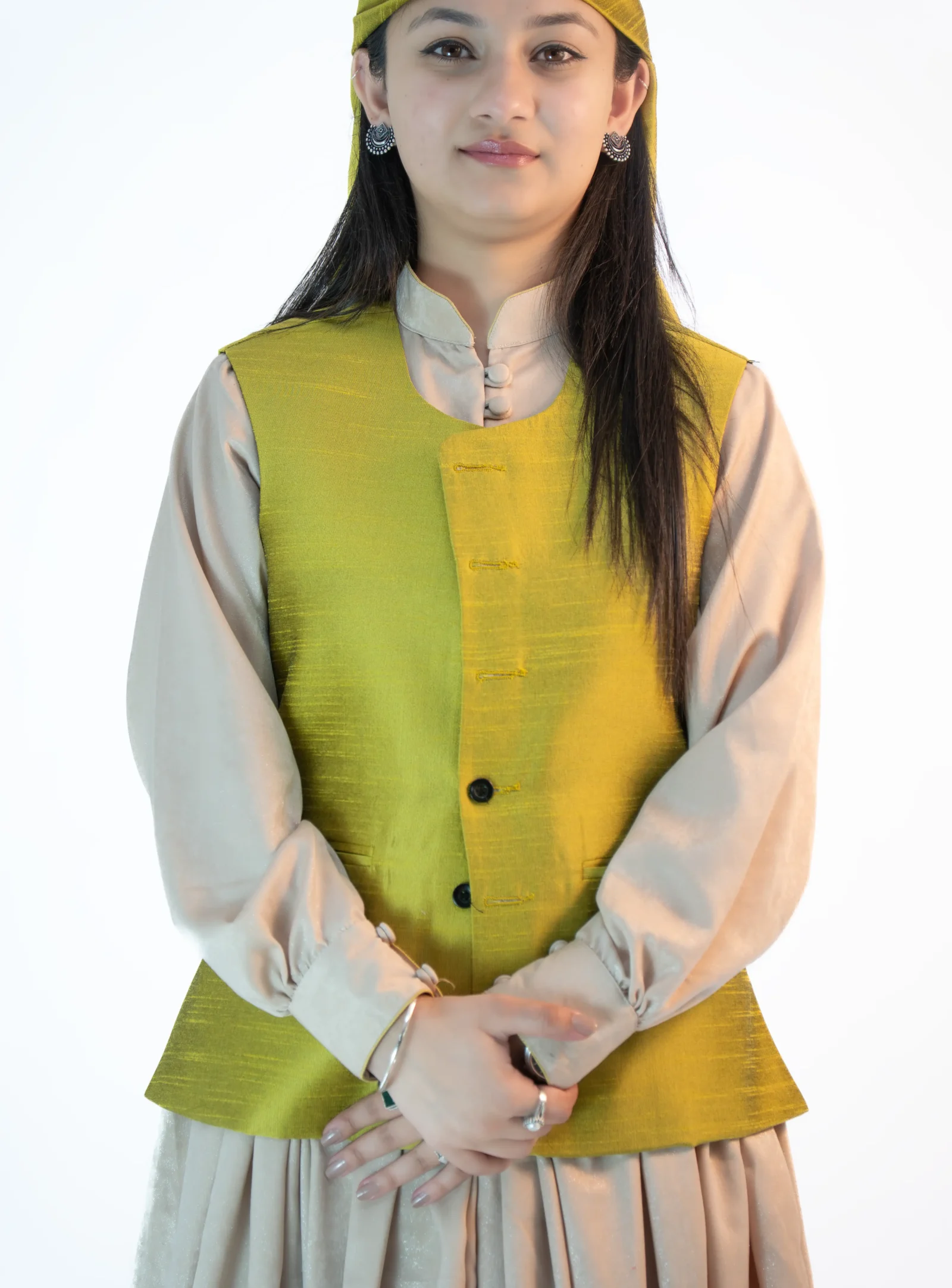Women’s Raw Silk Sadri & Dhattu Set – Neon Green