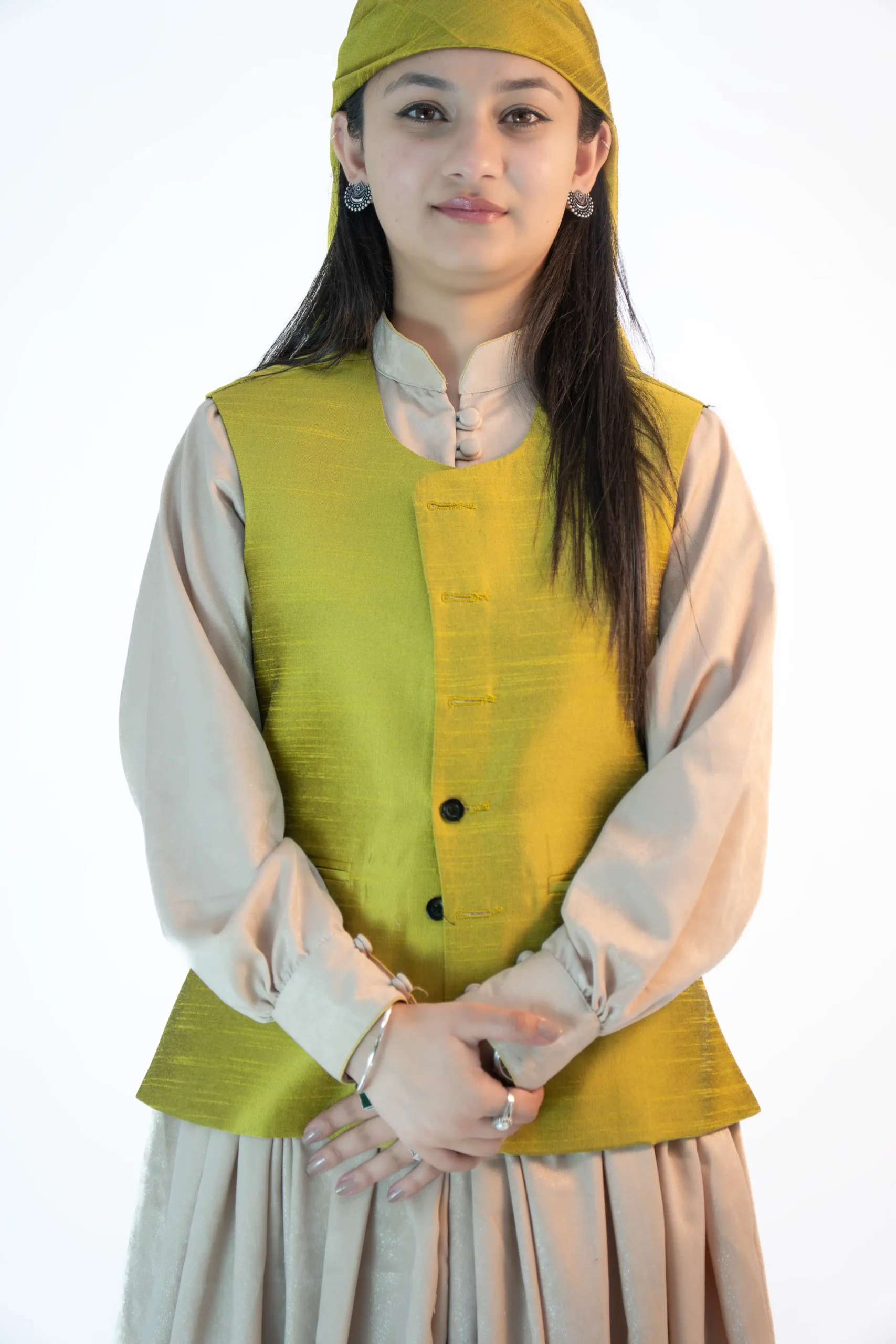 Women’s Raw Silk Sadri & Dhattu Set – Neon Green -08823